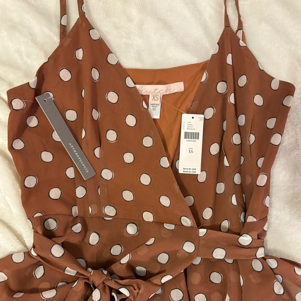 Anthropologie Hutch Brown Sleeveless Polka Dot Tiered Midi Wrap Dress